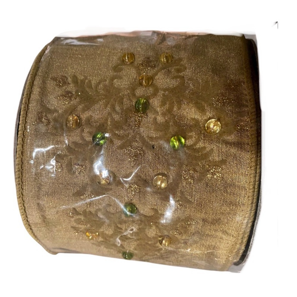 D. Stevens Luxurious Gold Silk Christmas Ribbon Damask Print Beads 4” x 10 Yards